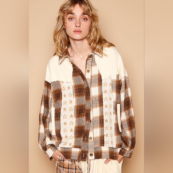 POL Shacket Star Plaid Bohemian Patchwork Exposed Raw Fray Seam Oversized Jacket - Picture 5 of 12